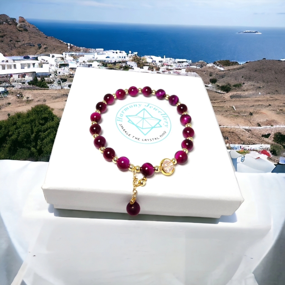 6 mm Pink Tiger Eye gold-plated charm bracelet